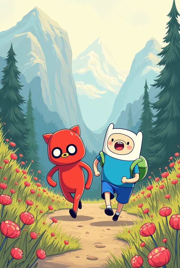 draw to pencil and create two cute characters, they must be formless non-human beings like adventure time . Strength and Movement they are friends adventurers and super brave. Strength robust red and Movement light blue, these on a fantastic land with forests, mountains and flowers, with running poses