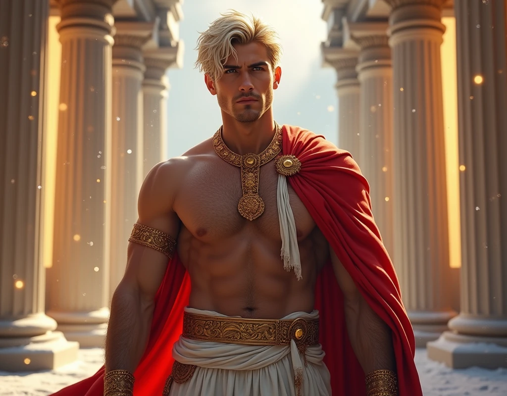 ((artwork)) ((body completo)) ((30 year old man)) body: brownish skin, high, muscular, ((body hair)) ((platinum ruby hair)) male face, barba, beautiful eyes, detailed eyes ((Gold colored eyes)). Expression: Seductive, sonrisa Seductive. CLOTHES: Red Greek Cape, TOGA BLANCA, Gold ornaments, greek prince ornaments. pose: dynamic. scene: greek temple, Greek columns. Decor: winter, decoración de winter brillante, Wonderful lighting.
