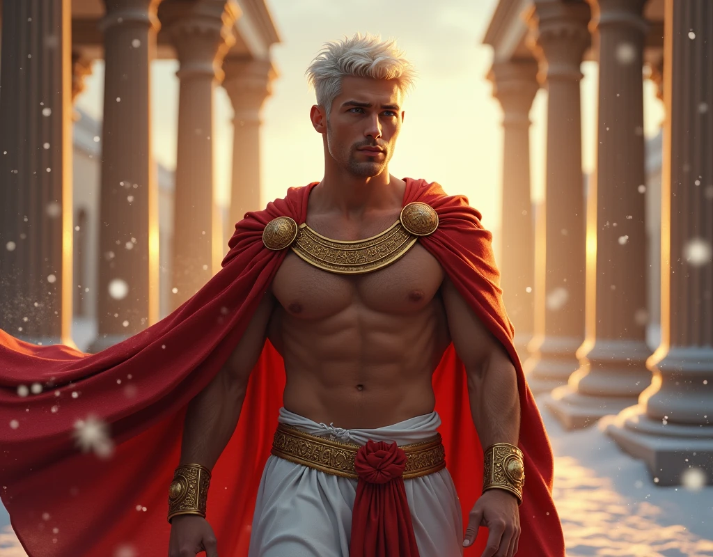 ((artwork)) ((body completo)) ((30 year old man)) body: brownish skin, high, muscular, ((body hair)) ((platinum ruby hair)) male face, barba, beautiful eyes, detailed eyes ((Gold colored eyes)). Expression: Seductive, sonrisa Seductive. CLOTHES: Red Greek Cape, TOGA BLANCA, Gold ornaments, greek prince ornaments. pose: dynamic. scene: greek temple, Greek columns. Decor: winter, decoración de winter brillante, Wonderful lighting. 