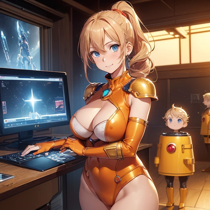 (Masterpiece), (HD), (High Resolution), (Best quality and very detailed), (Perfect Anatomy), (Fantasy Genre), (Anime style), (Highest resolution and Quality), (character alone, solo)
{{(1character:60years old lady milf genius engineer:(messy hair tied in a medium messed ponytail, fair skin, blue eyes, sweet open smile, happy carefree expression, Big breasts, nice figure, Beauty mature feminity, beautiful arms, beautiful legs, delicated features),(full body covered, Red preassure suit, orange shoulder pads, orange gauntlets, pink longboots, lantern in the chest),(standing upright, relaxed and professional, sweet and motherly demeanor, cute super genius personality, golding a worker screen tablet with her left arm),(giant hangar, full of simple designed Golden colored space transports, three little computers at the left))}}