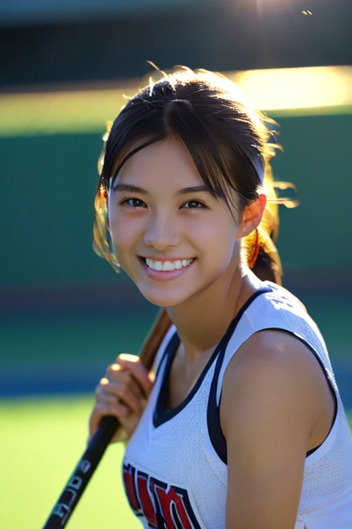 (8k, RAW photo, best quality, masterpiece), (photorealistic), outstanding details, ultra-high resolution, anatomically correct, textured skin, (Extremely precise and accurate anatomy),
Ultra Detailed Face, Detailed Eyes, 

(Cute Japanese girl), 
Lacrosse player, tanned skin, smiling face, holding Lacrosse stick, Running, Ponytail, Field lacrosse, 
Medium Breast, 

(backlighting), 
reflection light, 
atmospheric perspective, depth of field, 
(dramatic lighting), cinematic lighting, 