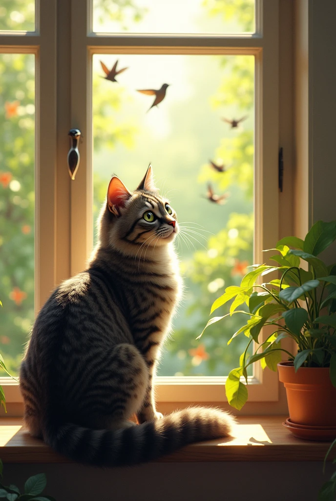 A tabby cat sitting on a window, bird watching]** 