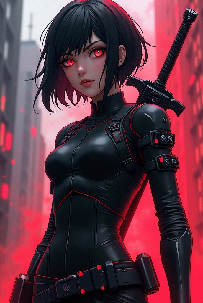 anime girl with long dark brown hair and red eyes wearing blacknon revealing techwear with red accents and utlitity belts and sword on back in my hero academia art style