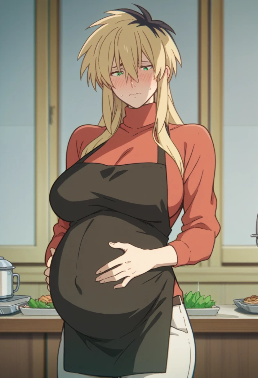 Huge breasts、Long chest、blush、Sweat、In the heat、Miyako Ishida, long hair, bangs, blonde hair, black hair, hair between eyes, green eyes, multicolored hair, two-tone hair,
sweater, turtleneck, red sweater, black apron, pants, denim,A troubled, embarrassed face、Eyes half closed、Are standing、bedroom、
{Highest quality}, {so beautiful}, {Very detailed}, {Best illustrations},Pregnant women