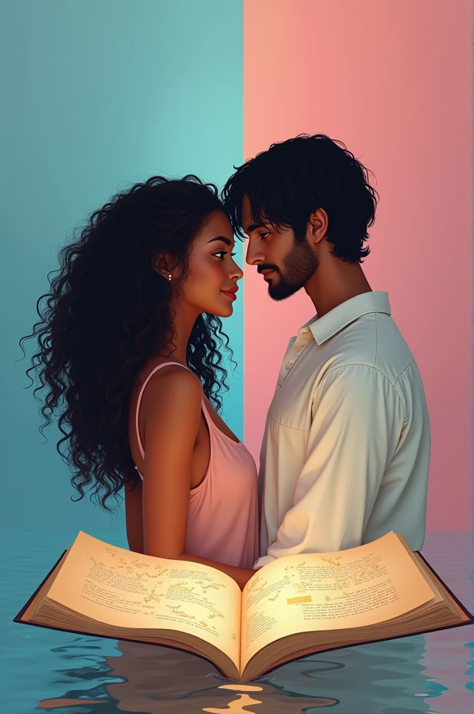 Make a picture of a brown woman with long, curly hair smiling with her back to a white-skinned man with straight, black hair, with a blue background on her side and a pink background on his side.
In front of the two there is an open papyrus flying with several letters on it.