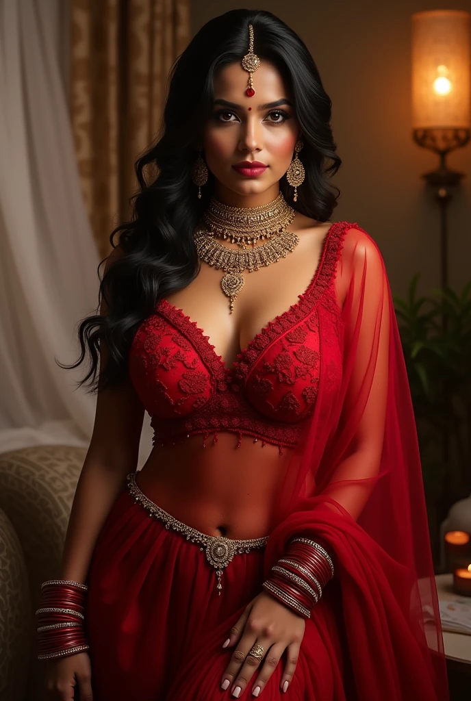 Indian Sexy Bhabhi ,with big boobs ,wearing red hot transparent frock,Red Sindur , Honeymoon red bangles,Stud chain earrings,Forehead Pendant ,Long gold Mangalsutra,4 gold Necklace, Diamond ear pin ,Gold Armlet,gold waist chain ,full photo, looking straight 