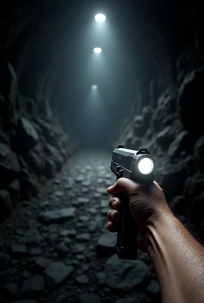 underground mine, I want a first person view, the only apparent member is just an arm, with a pistol with a white light flashlight aiming forward, you find 2 paths and you have to choose one of them 