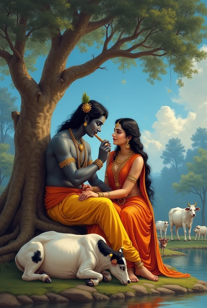Krishna and radha loving sitting in a tree
And krishna playing flute background blue sky and pond and many cows are interact krishna