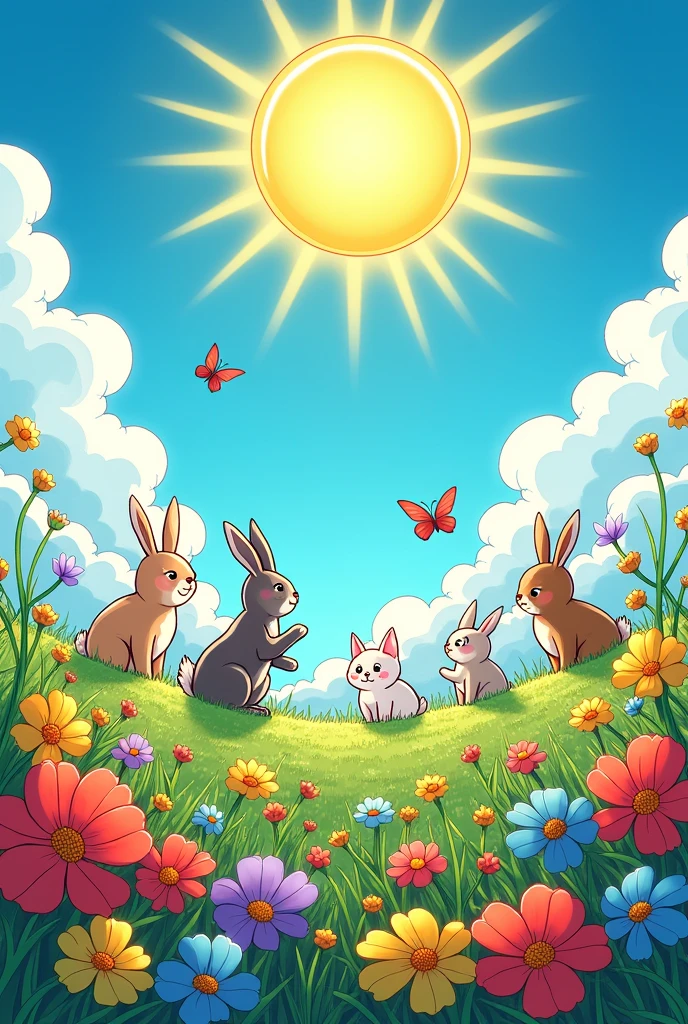 In the style of mangaka eiichiro oda At the top of the image,dice"Welcome spring" in Spanish and a radiant sun shines brightly, with rays extending to the sides. Around the sun, There are fluffy white clouds floating in a clear blue sky, with some birds flying happily between them.
At the bottom of the image, a vibrant field of flowers of various colors (rojas, yellow, blue and purple) spreads across the landscape. among the flowers, You can see several adorable animals: a small rabbit with long ears, A curious cat playing with a butterfly, and a couple of birds perched on the flowers. The drawing style is dynamic and expressive, with clear lines and details that capture the joyful and adventurous essence typical of Eiichiro Oda's works.