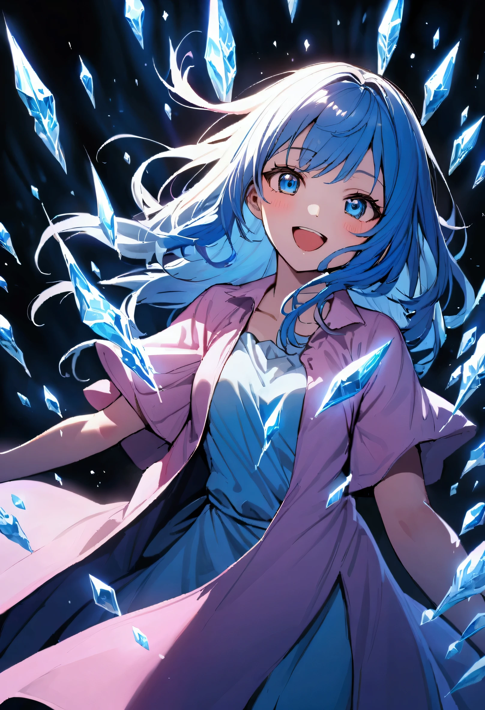 Teenage girl, tidy hair, medium length hair, multicolored pink and blue hair, excited smile, blue colored eyes, long pink shirt, loose blue short sleeved overcoat, blue tattoos on the body, aura of ice