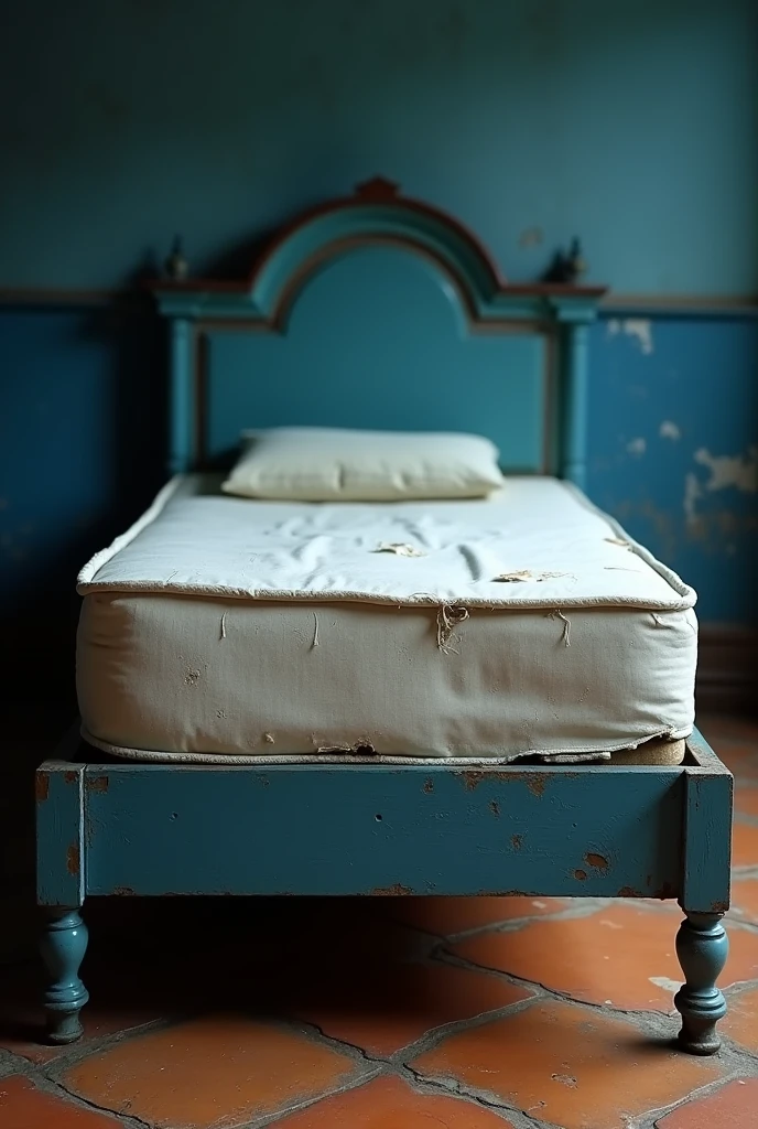 Create me a bed with a blue base and a white mattress and with dull colors because it is so old., that is broken from the corners in a subtle way, that the floor is made of tiles with geometric shapes in warm colors and the wall is dark blue, Take the photo 3 centimeters from the mattress, Focus only on the mattress and lower the brightness of the photo