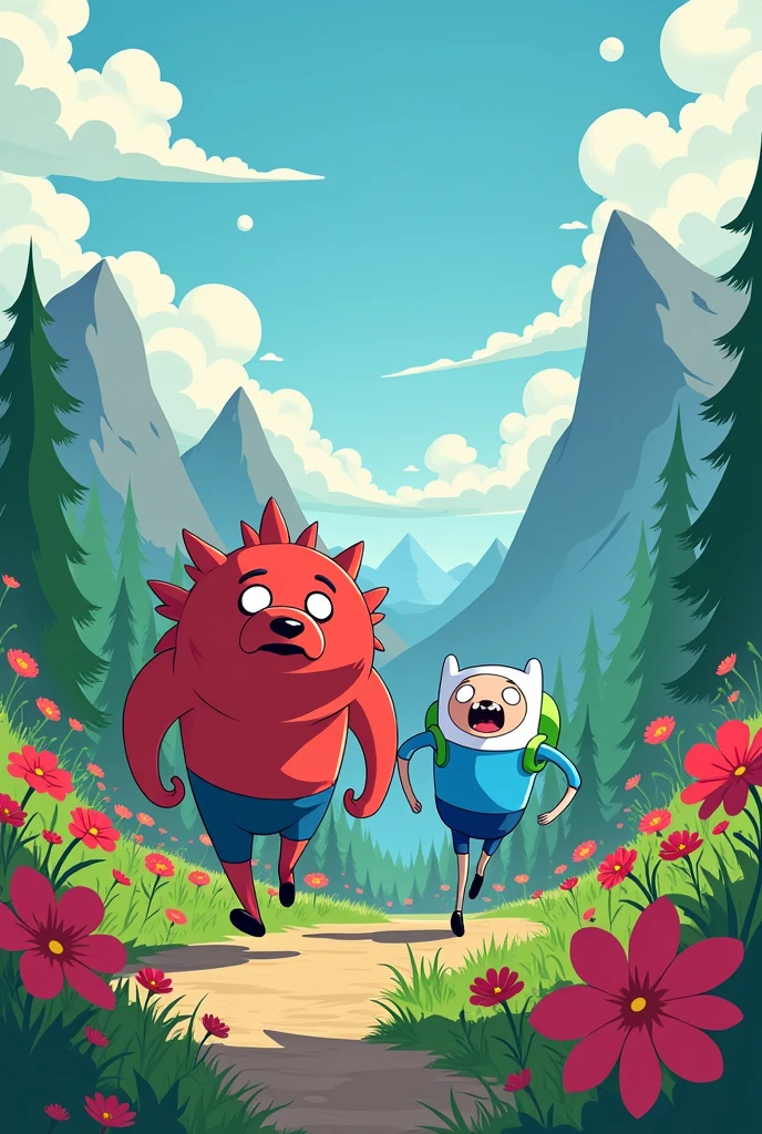 draw to and create two cute characters, they must be formless non-human beings like adventure time . Strength and Movement they are friends adventurers and super brave. Strength robust red and Movement light blue, these on a fantastic land with forests, mountains and flowers, with running poses
