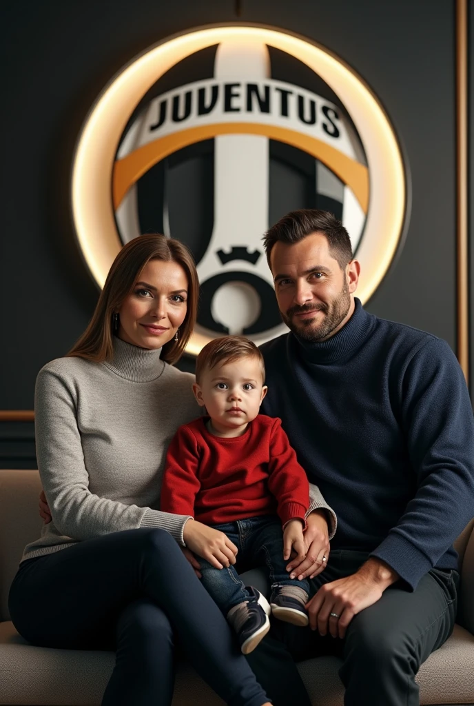 Husband's Family Photo, wife and 1 son with writing towards 10K Sitting on a chair surrounded by the Juventus football club logo, facing forward, HD Realistic