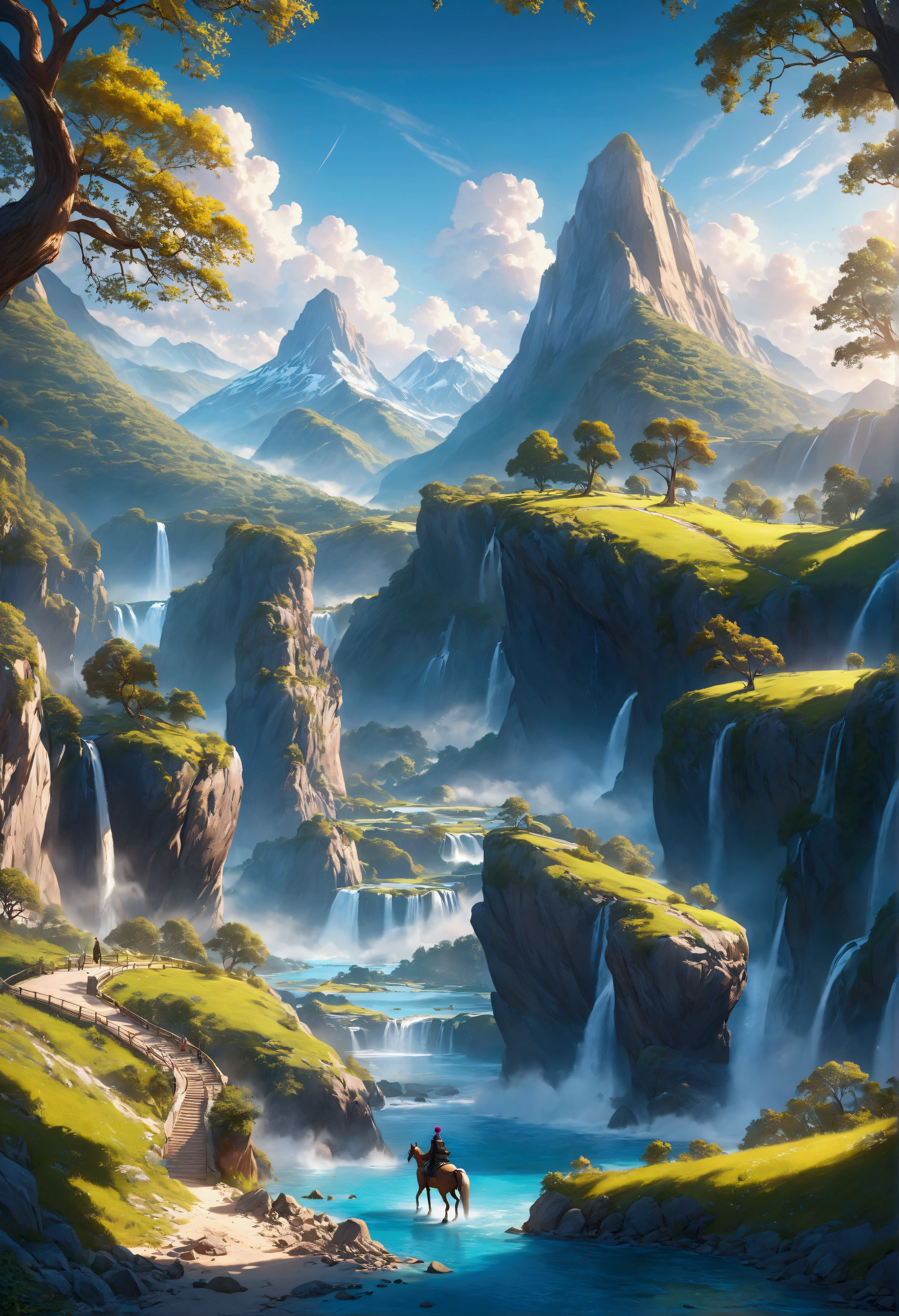 masterpiece, best quality, high quality, extremely detailed CG unity 8k wallpaper, scenery, outdoors, sky, cloud, day, big turban man with a gun ridding horse mountain, landscape, water, tree, blue sky, waterfall, cliff, nature, lake, river, cloudy sky,award winning photography, Bokeh, Depth of Field, HDR, bloom, Chromatic Aberration ,Photorealistic,extremely detailed, trending on artstation, trending on CGsociety, Intricate, High Detail, dramatic, art by midjourney