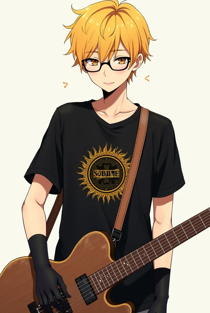 Anime man with blond hair wearing glasses, black shirt with a logo of a sun called sublime, black gloves and a brown guitar