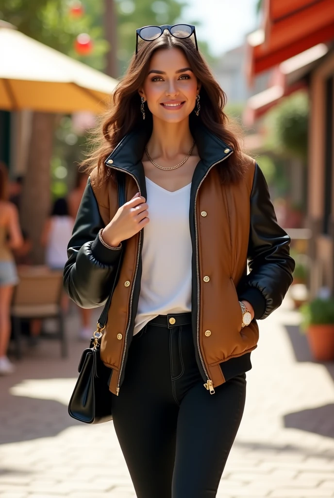 Full body beautiful white skin latin woman, 5'7" tall, medium brown hair, deep green eyes, wearing zip up brown quilted down nylon jacket with golden buttons, closed zip up black leather jacket over nylon jacket, black bell bottom pants, rolled up sleeves, zipping up jacket, up collar, cleavage, white T-shirt, happy smile, walking on shopping center, high hill sandals, summer sunny day, bag, sun glasses over head, watch and bracelet, neck chain, ear rings