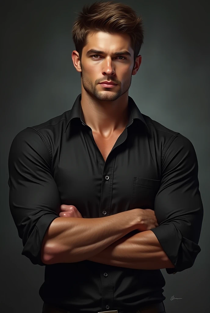 create a man with his arms crossed who is strong, but not so much, Let it be noted that he goes to the gym, with brown hair, and white complexion, Wear a black on-down shirt that is rolled up to the elbows , and light brown eyes with a domind dark aura