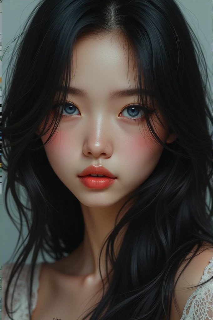 Realistic woman with black hair and blue eyes