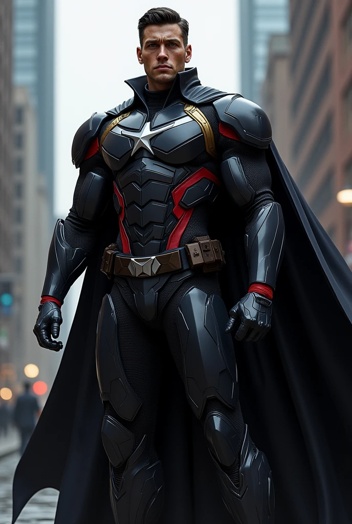 Inspired by Captain America from The Boys Physical: Sentinel has an imposing stature, with 1,90m tall and well-defined muscles. Your presence is intimidating, with an always upright and confident posture.
tenue: His uniform is a high-tech armor, with a predominantly black color palette with red and gold accents. The armor has an elegant design, mixing functionality with ostentation, reflecting your ego. He also wears a long cape, black as night, which adds a dramatic air to their appearances.
muka: An angular face with a strong jawline, icy blue eyes that seem to penetrate the soul. Her hair is short and black, always well combed. He has a light scar along his left eyebrow., a vestige of an ancient struggle.