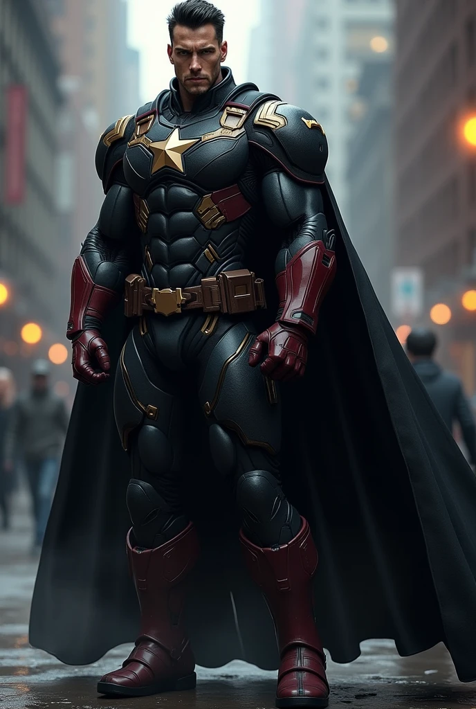Inspired by Captain America from The Boys Physical: Sentinel has an imposing stature, with 1,90m tall and well-defined muscles. Your presence is intimidating, with an always upright and confident posture.
tenue: His uniform is a high-tech armor, with a predominantly black color palette with red and gold accents. The armor has an elegant design, mixing functionality with ostentation, reflecting your ego. He also wears a long cape, black as night, which adds a dramatic air to their appearances.
muka: An angular face with a strong jawline, icy blue eyes that seem to penetrate the soul. Her hair is short and black, always well combed. He has a light scar along his left eyebrow., a vestige of an ancient struggle.