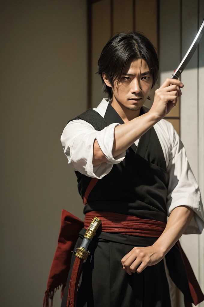 Japanese man holding a sword and a gun