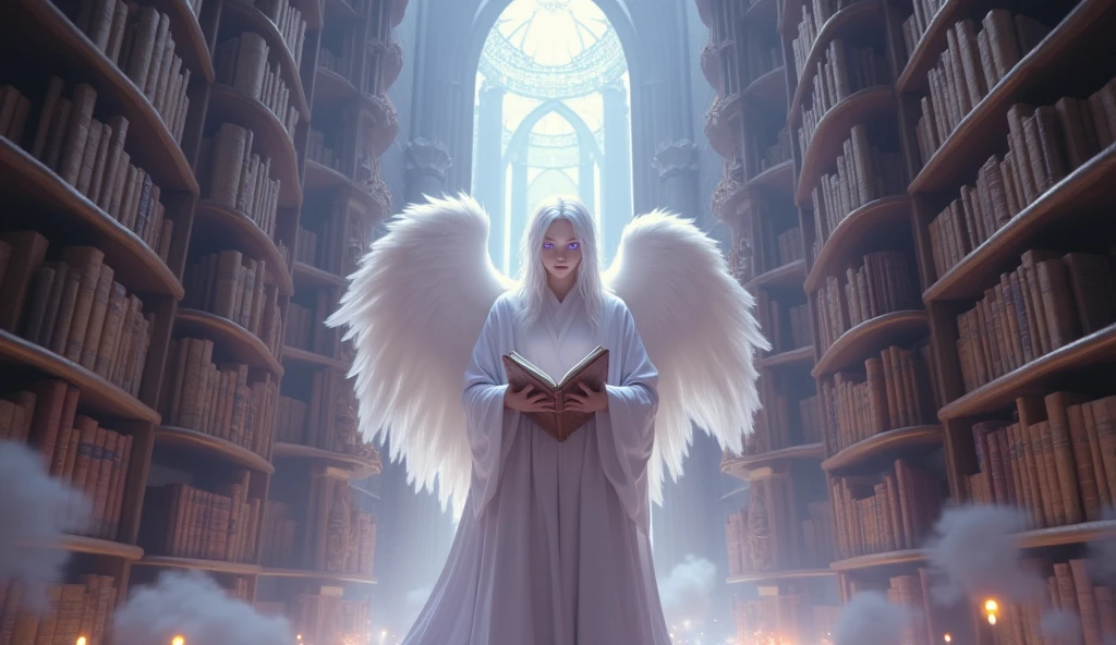 A young white albino male angel, with lavender color eyes, having long white hair, wearing pearl white robe, standing in a massive library in heaven, reading a scroll, UHD, 3D, 32K, detailed, realistic, Style Raw, masterpiece, cinematic
