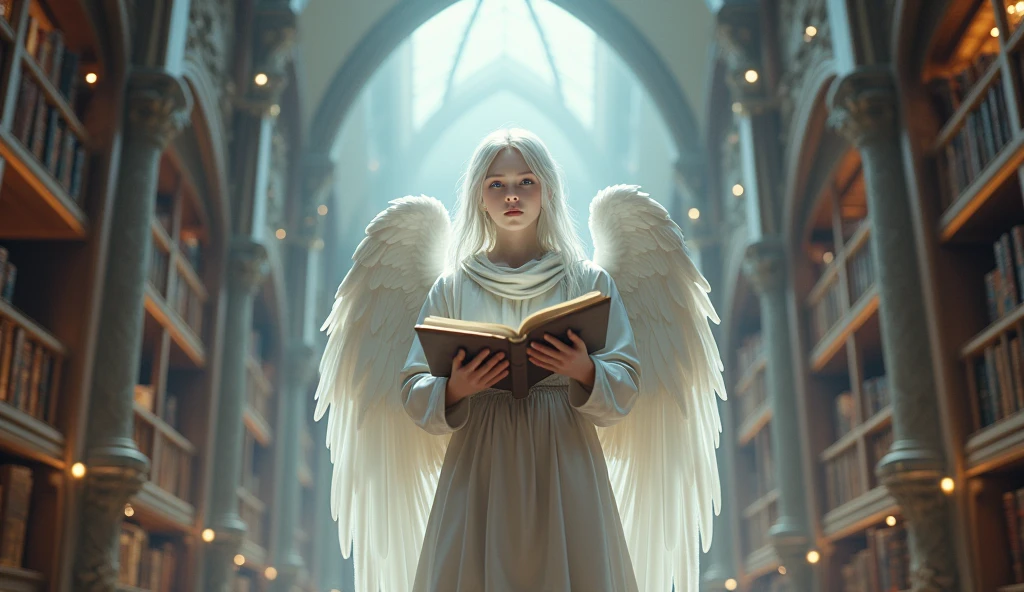 A young white albino male angel, with lavender color eyes, having long white hair, wearing pearl white robe, standing in a massive library in heaven, reading a scroll, UHD, 3D, 32K, detailed, realistic, Style Raw, masterpiece, cinematic
