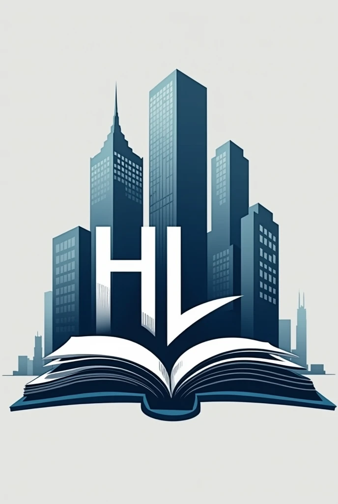 Business logo that combines: background buildings, the letters H&L and an open horizontal book