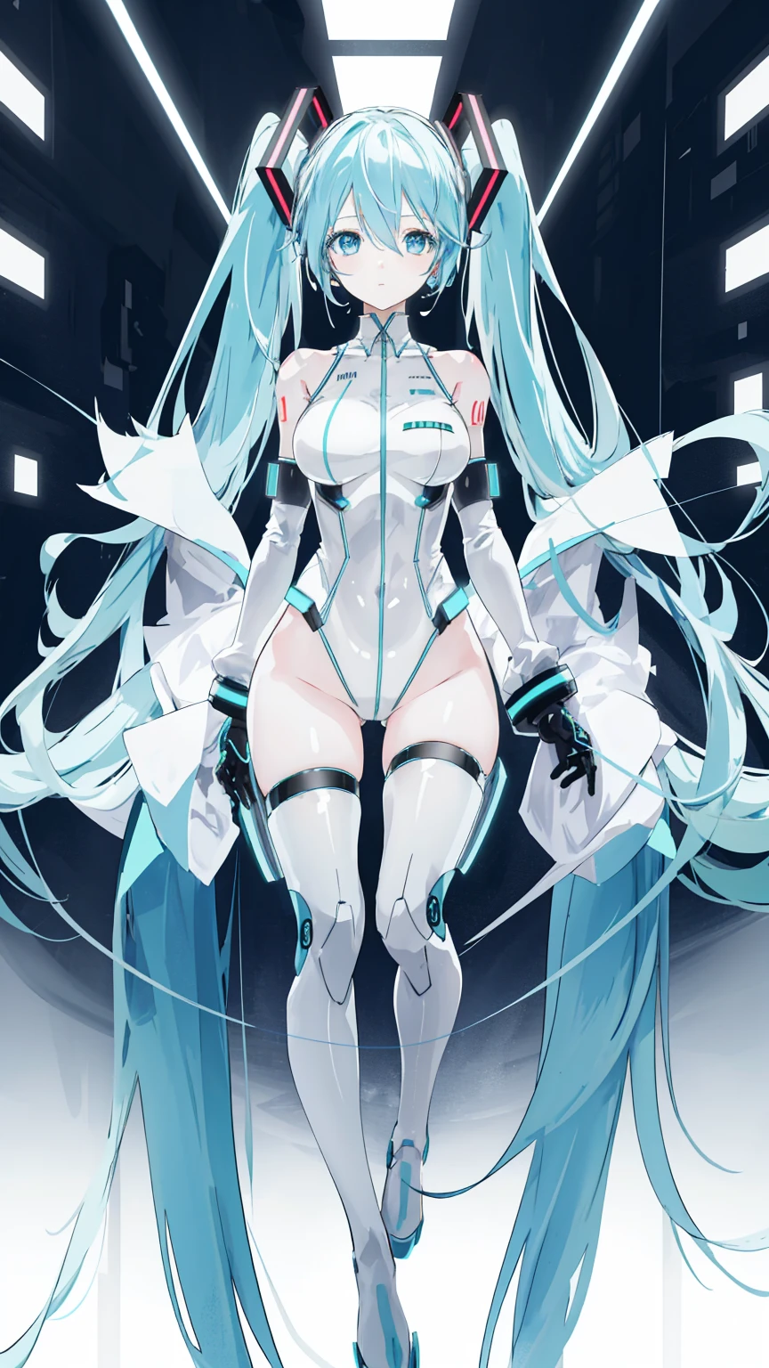 Hatsune Miku Vocaloid, Twin tails, Bright Blue Eyes, Light blue hair, Pichi Pichi body suit, cyber punk, Ultimate Physical Beauty, Beautiful Eyes, Big Breasts, 8k CG, Highest quality, Best image quality,