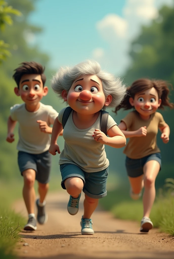 2 people running a white woman with a big nose
