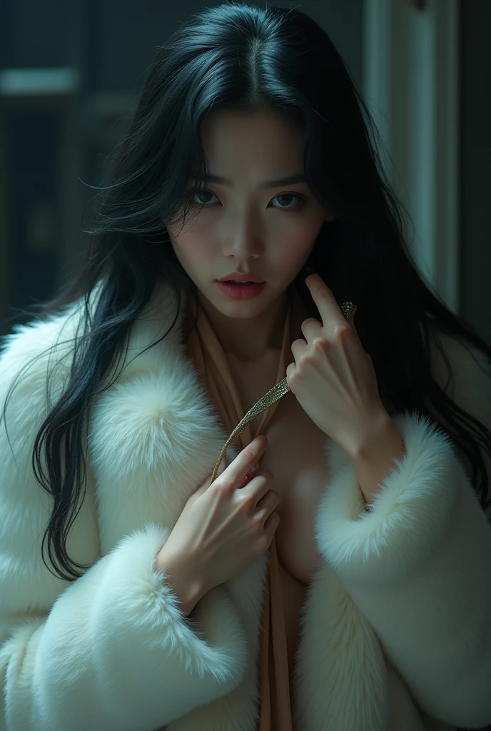 Asian woman, in long black hair, and a white fur coat, being choked by a long silk ribbon.