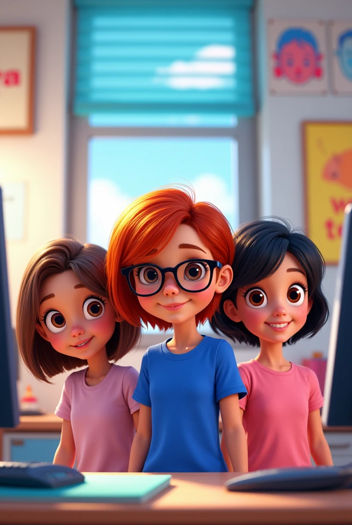 Pixar-style poster of three girls with brown eyes, A girl with medium-length brown hair and a royal blue shirt of medium height, another girl with short red hair with black glasses, short royal blue t-shirt and another girl with medium-long black hair wearing a pink t-shirt in an office with two desks, two computers and a poster with the word Tekuno