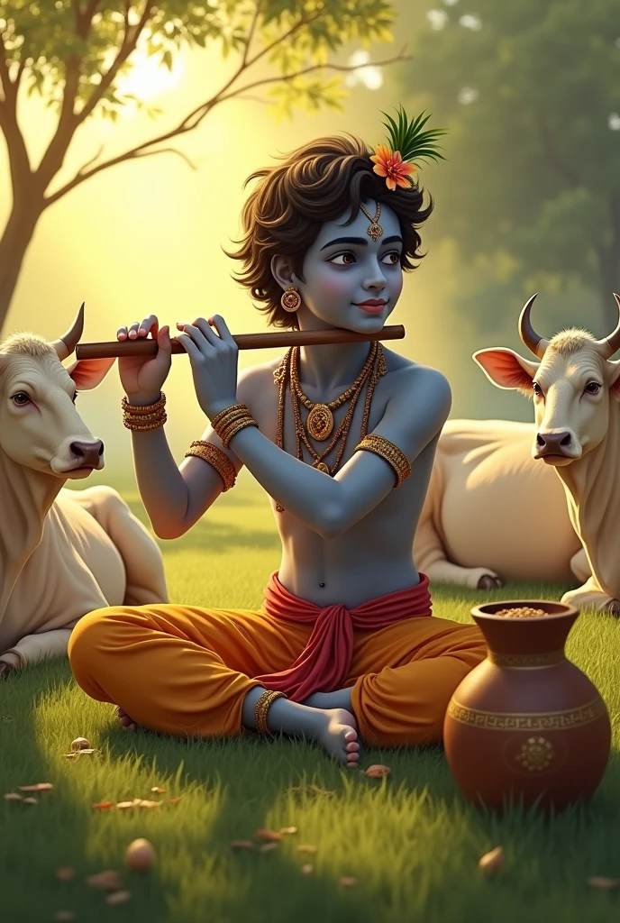 God krishna (kid) sitting and playing flute beside him cows are sleeping and relaxing and few pots of makhan are kept there 