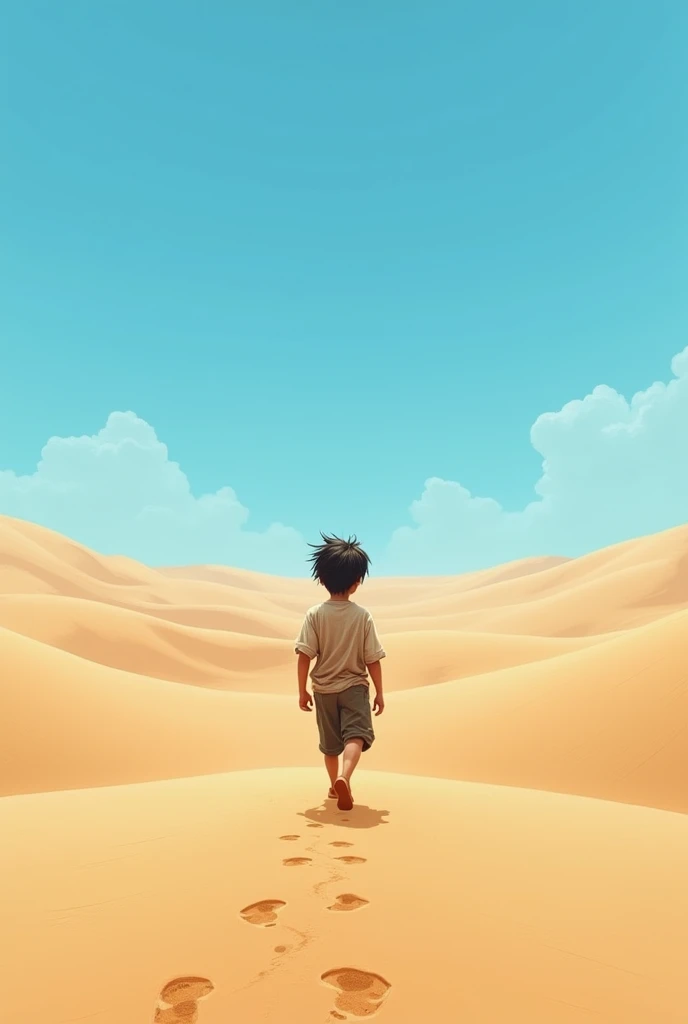 A young boy walking in a desert. Back side view