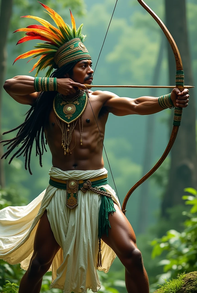 Orisha Oxossi shooting arrow in white and green tunic,Hat with feathers