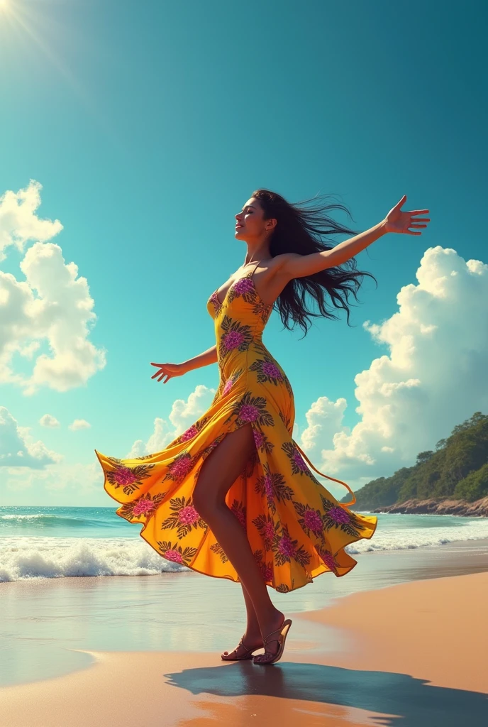 Salsa dancer on the seashore with Panama flag reflected in the sky