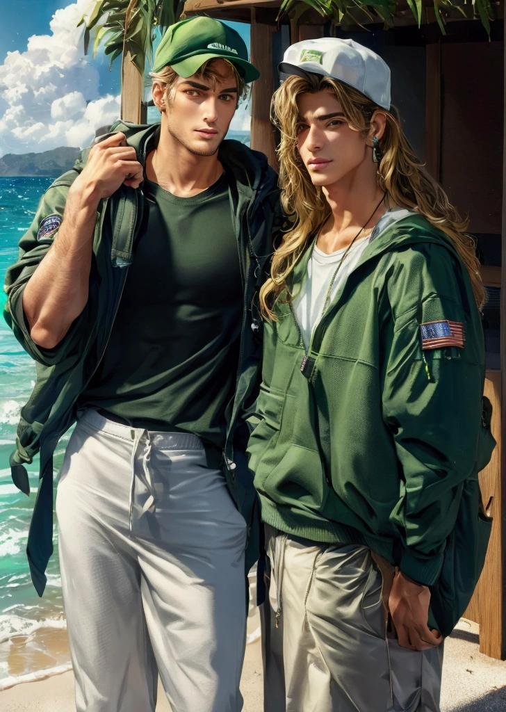 Tall, handsome young adult, medium long curly golden brown hair, with a bit of stubble on his jaw, a silver piercing in his left ear, wearing a green cap leaving a bit of his hair out, a flag green nylon jacket, a white beach with turquoise waves, green Bermuda shorts, he has hairy legs, he wears Vans-type sneakers, while he models a green backpack with white sparkles in front of a mirror.