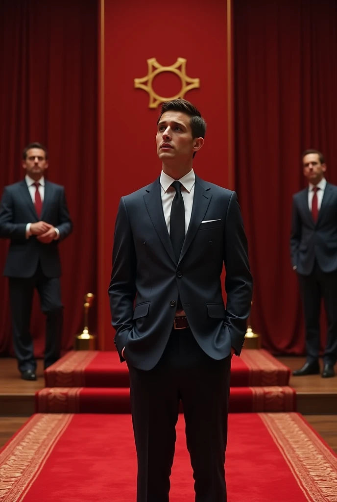 A young Chief Managing Director addressing his board members,where he stands there are red carpets exquisite ones,he also speaks on a podium/platform written Scott Business Foundation more professional I don't want anybody to block himI want to see the face a more clearer image