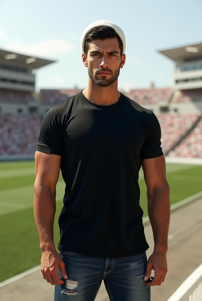 (photorealism:1.2), (8k) (detailed) (Whole body) facial features: Square face with a marked jaw, prominent cheekbones and thick, dark eyebrows. Adds youthfulness to your appearance.hair: hair oscuro, usually combed back or styled slightly tousled, which can vary between short and medium.eyes: eyes verdes oscuros, with a penetrating look that expresses confidence.Complexion: delgado, Athletic and well defined. Height 1.80, which gives it an imposing presence.style: Your style of dress: black t-shirt with a white wool hat, ripped jean pants.Skin tone: Skin tone bronceado, typical of the Mediterranean.Expression: He usually has a serious or concentrated expression., Although he can display a charming and confident smile.(standing in a bold pose looking at the camera next to a stadium)