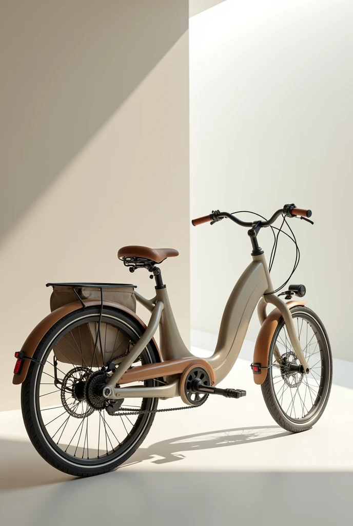 A three-wheeled tricycle based on the Scandinavian aesthetic trend using curved and organic figures , neutral colors, that includes a bag to store things behind the back of the seat, that is light and thin ,  the seat with backrest and pedals 
