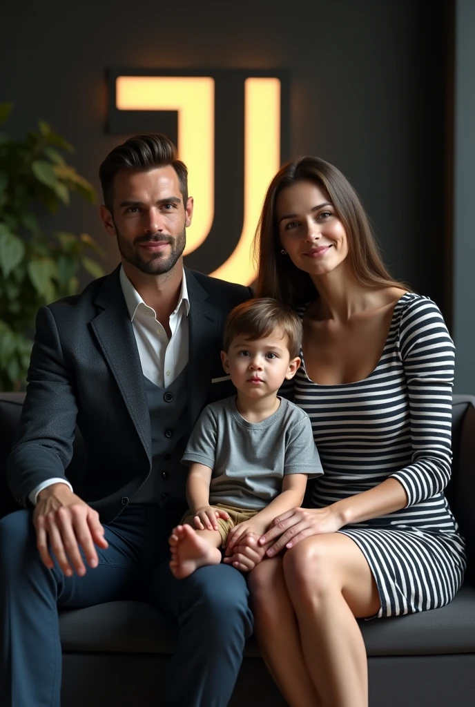 Husband&#39;s Family Photo, wife and 1 son with writing towards 10K Sitting on a chair surrounded by the Juventus football club logo, facing forward, HD Realistic
