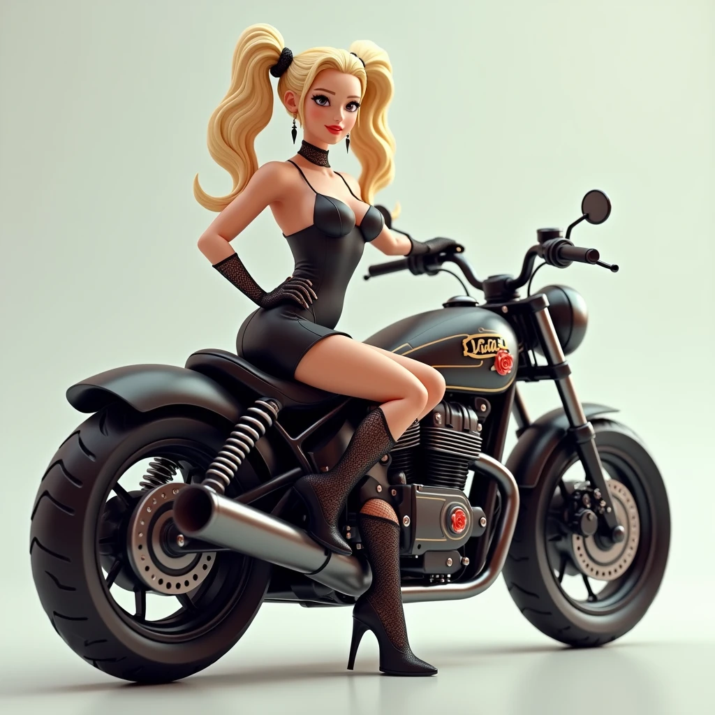 A digitally 3d rendered image of a female character with long wavy blonde hair tied in two ponytails. She is wearing a black dress, black lace gloves, and black ankle boots. The female character is sitting confidently on a detailed motorcycle. The motorcycle has a design featuring roses and the word 'LINDA' written on it. The background is neutral.