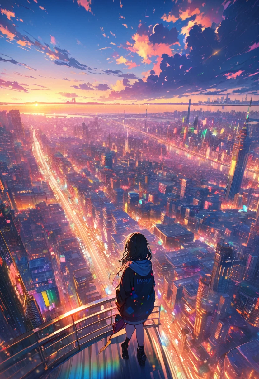angelic, detailed woman who is walking, woman wearing hoodie, highest billding in city, road, sunrise, horizon, skyline, in the sky, city of clouds, colorful, high-res, 8K