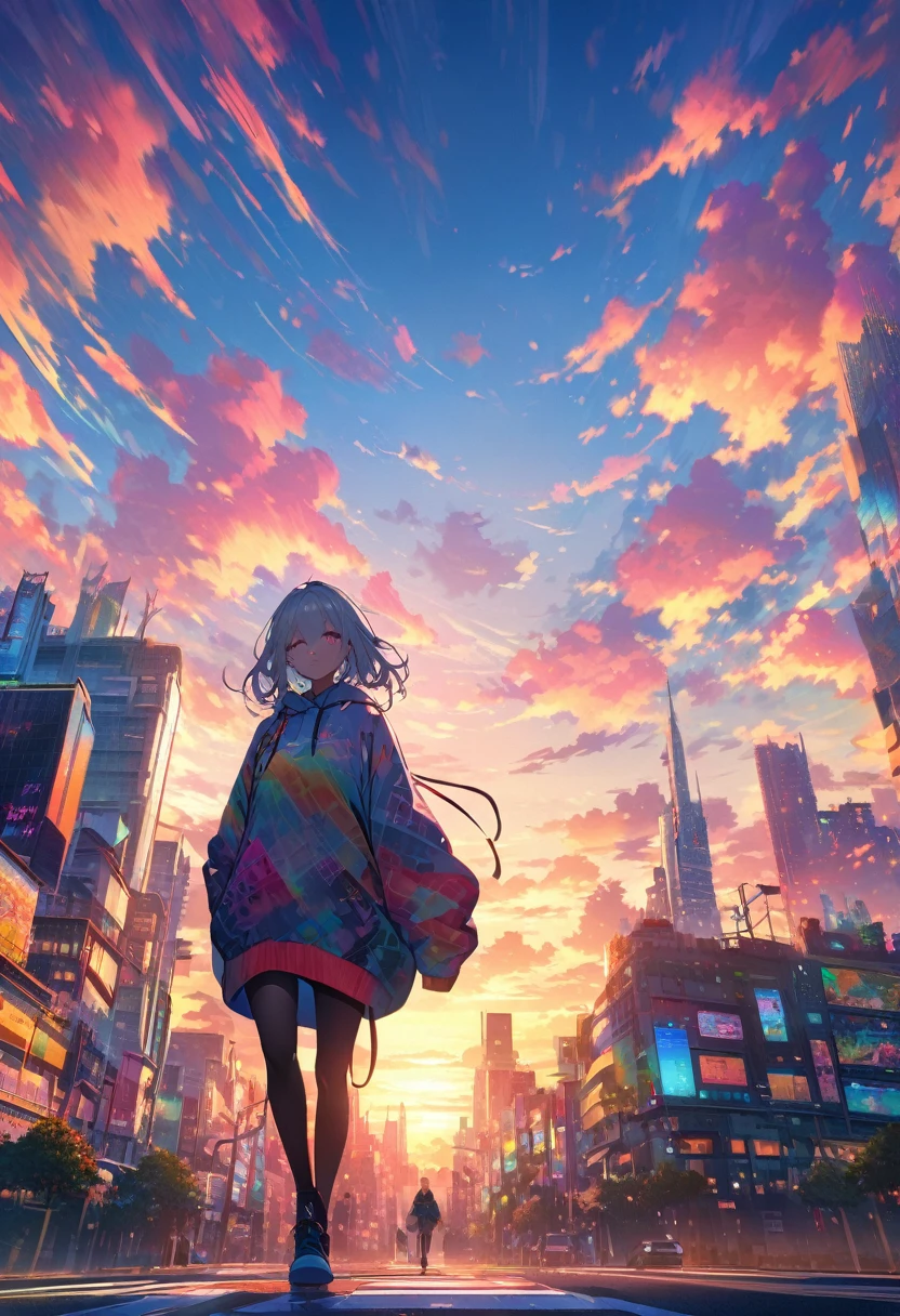 angelic, detailed woman who is walking, woman wearing hoodie, highest billding in city, road, sunrise, horizon, skyline, in the sky, city of clouds, colorful, high-res, 8K