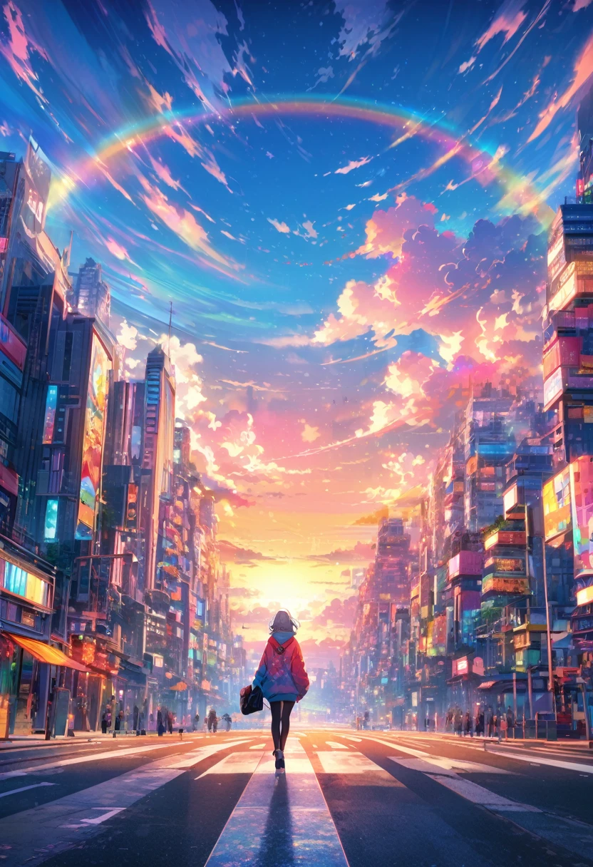 angelic, detailed woman who is walking, woman wearing hoodie, highest billding in city, road, sunrise, horizon, skyline, in the sky, city of clouds, colorful, high-res, 8K