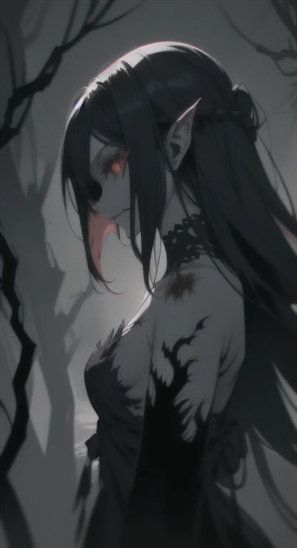 Foggy Forest, ancient female creature, dark silhouette, fairy shadow figure, red eyes, eyes in the fog, rotting, looking dead, torn wings, 