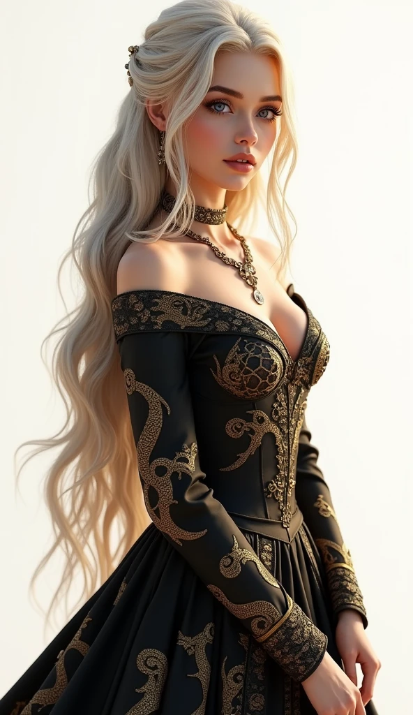 1 woman, full body shot (1.3),close up face shot (1.3), face shot, corridor,Soft Light, Targaryen Beauty,dress,Light-haired,long hair,
white background, gorgeous Targaryen girl, with thick and long wavy silver-gold glossy hair, big and large almond shaped deep violet bright eyes, long and thick curly golden eyelashes, upturned nose, high nose bridge, fullest and plumpest pouty red luscious lips, oval face shape, shorter face, shorter chin, tiny face size, pale milky white traslucent perfect skin, whitening skin, hourglass voluptuos shaped body, tiny and narrow waist, rounded hips, long and slender beautiful legs, big perfect brests (1.4), large breasts, bust size 84 cm, waist 60 cm, hips 86 cm, bra size 32 C, tall at 5’7, full body image, realistic, photorealistic, ultradetailed, skin texture, hyperealismHigh Resolution, Closed Mouth, highly detailed, high resolution 8K, wearing a Targaryen queen dress with intricate golden dragons dancing sewed on the black dress dress highliting her horglass body, detailed jewlry, 30-years-old