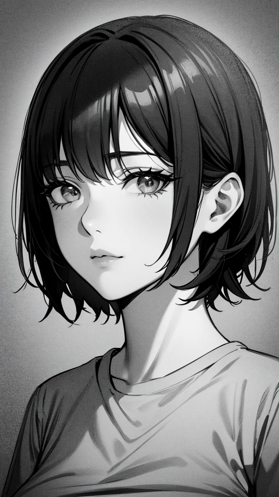 1 woman, alone, monochrome, grayscale, black short hair, portrait, t-shirt, closed mouth, looking at viewer, sketch, graphite \(middle\), small lips, hatching \(group\), Without makeup, forehead, upper body, (best illustration), (best quality), (very detailed), (masterpiece),