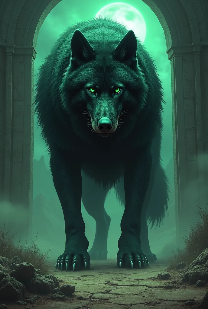 A giant black wolf with green eyes guarding the gates of the underworld