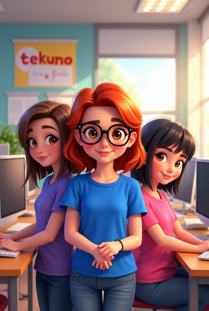 Pixar-style poster of three girls with brown eyes, A girl with medium-length brown hair and a royal blue shirt of medium height, another girl with short red hair with black glasses, short royal blue t-shirt and another girl with medium-long black hair wearing a pink t-shirt in an office with two desks, two computers and a poster with the word Tekuno